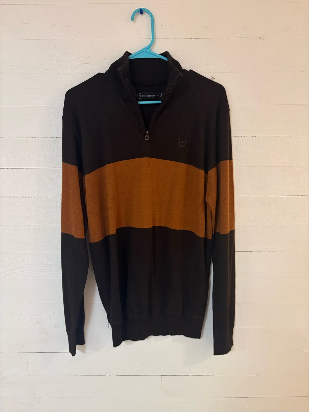 Real Essentials Mens Large Quarter Zip Colorblock Sweater Brown Black